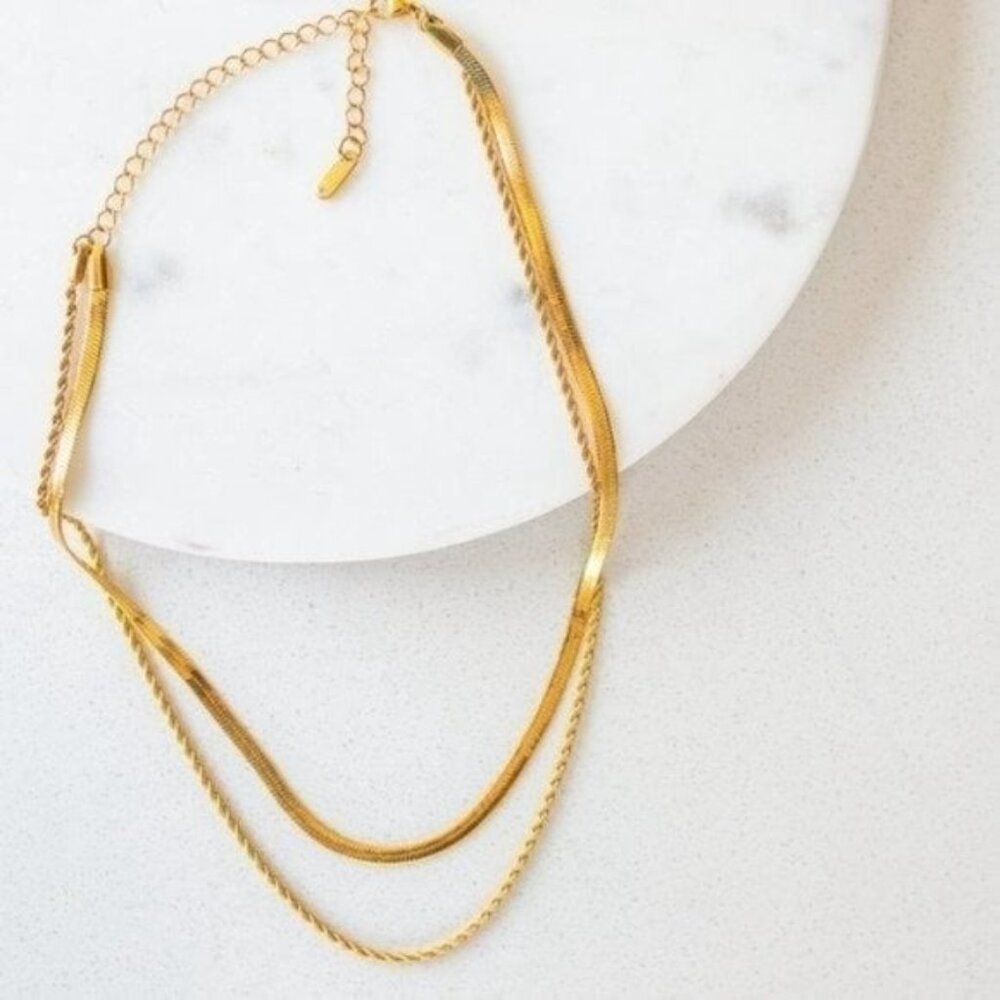 Necklace Layered Gold Herringbone & Gold Rope Chain Necklace WATERPROOF Necklace - Picture 10 of 13